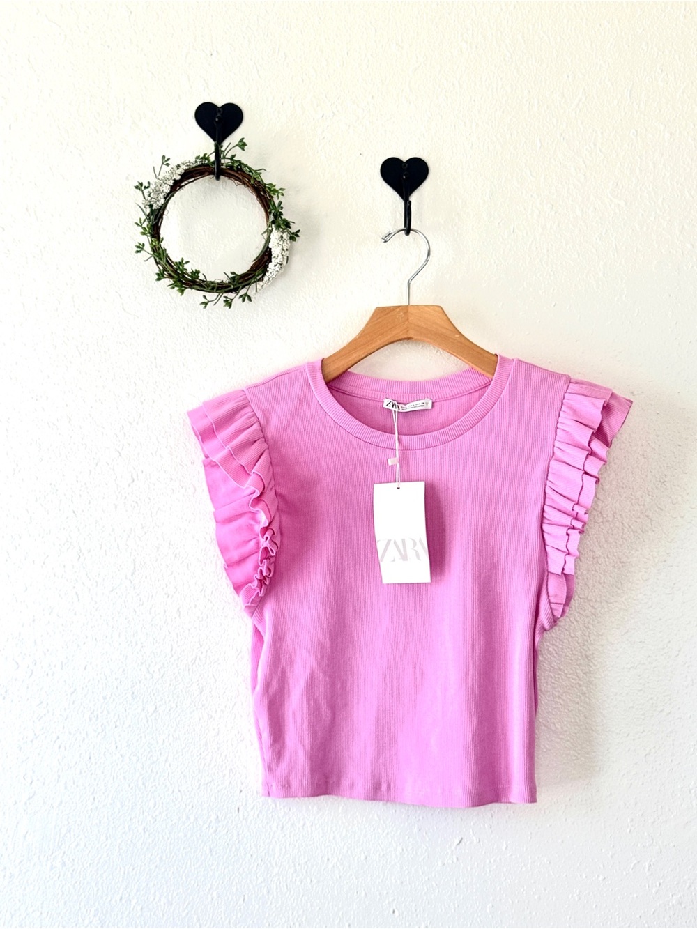 Zara Light Pink Ribbed Ruffle Sleeve Crop Top NWT Size Large Stretch Cotton